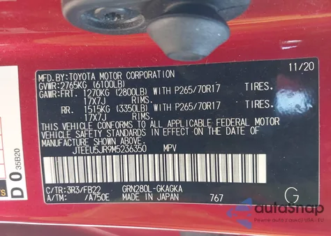 2021 Toyota 4Runner Sr5 z USA, uszkodzony, nr VIN JTEEU5JR9M5236350